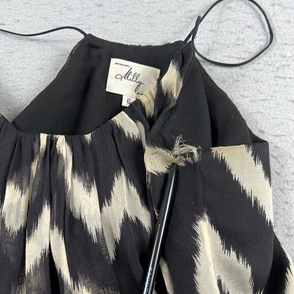 Milly 100% Silk Spaghetti Strap Black White Chevron Tank Top Women’s Size 6 - Picture 15 of 16